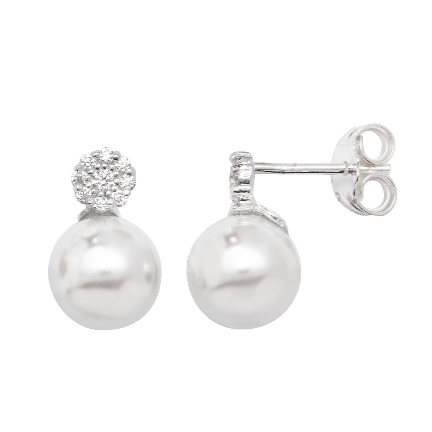 Sterling Silver Pearl & CZ Stud Earrings