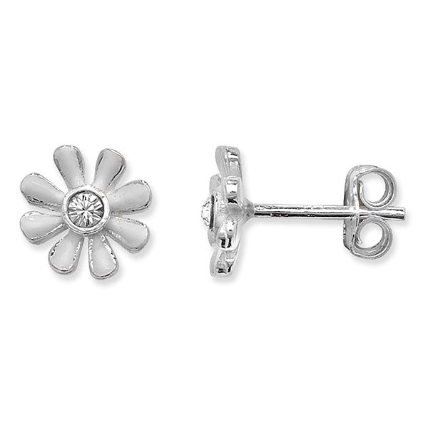 Silver CZ White Flower Earrings