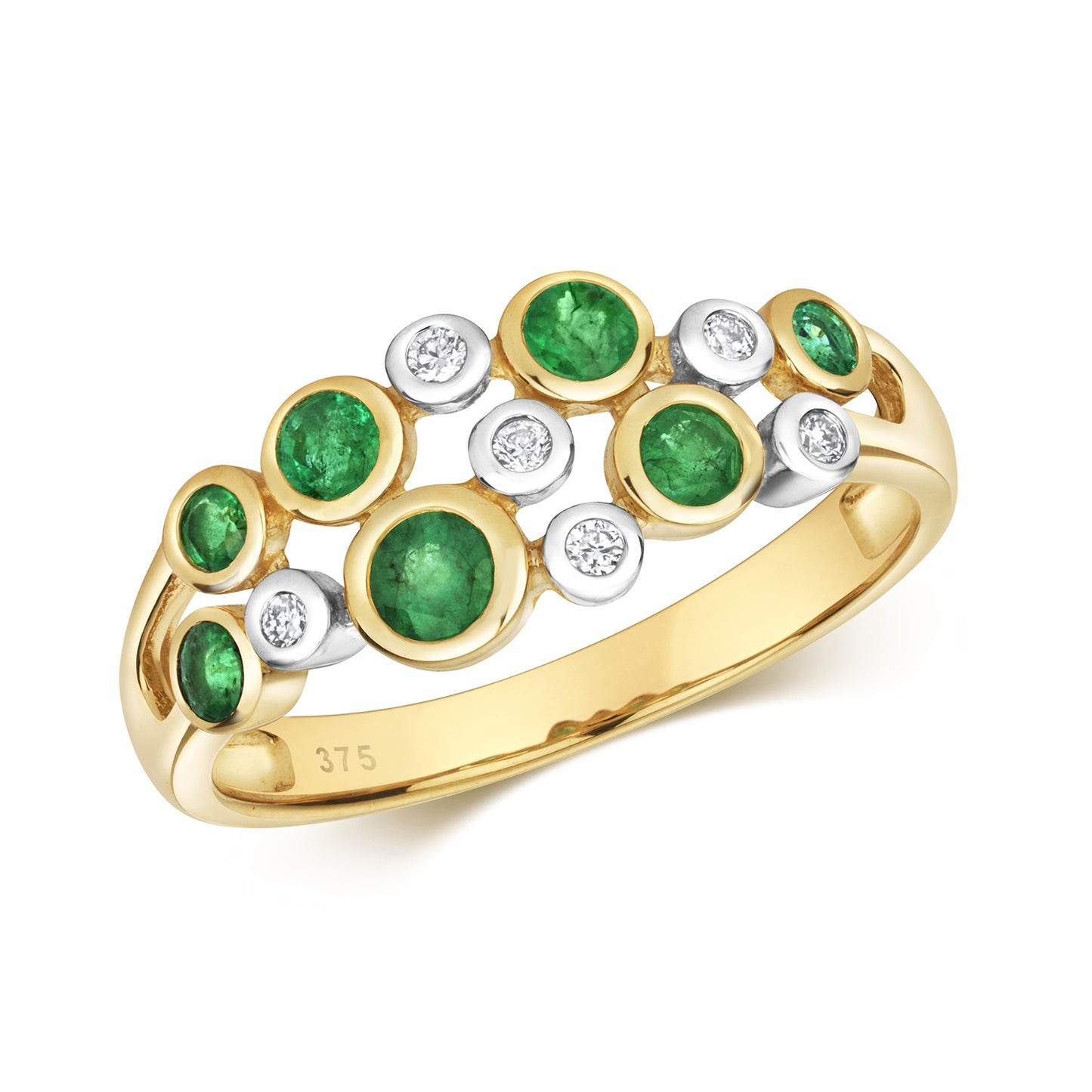 9ct Gold Diamond & Emerald Bubble Ring