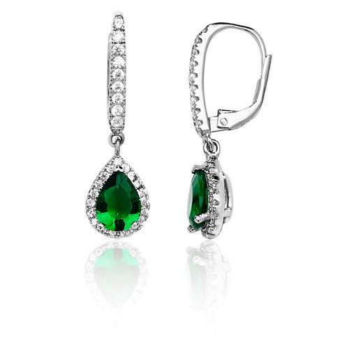 Silver Green Pear shaped CZ Drop Earrings