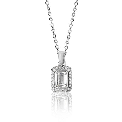 Silver Bezel Set EM Cut Halo Style CZ Pendt+Chain Rhodium Plated SPG0021CZ