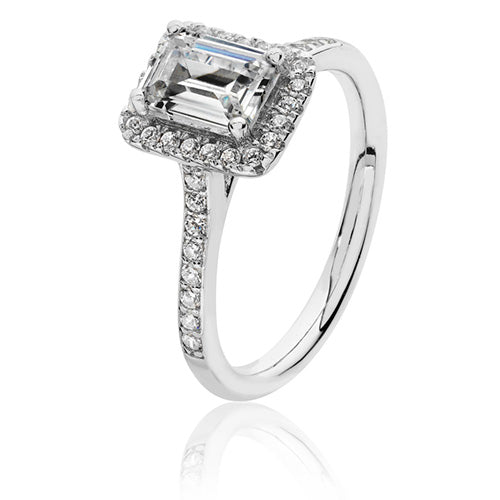 Silver Emerald Cut CZ Halo Ring
