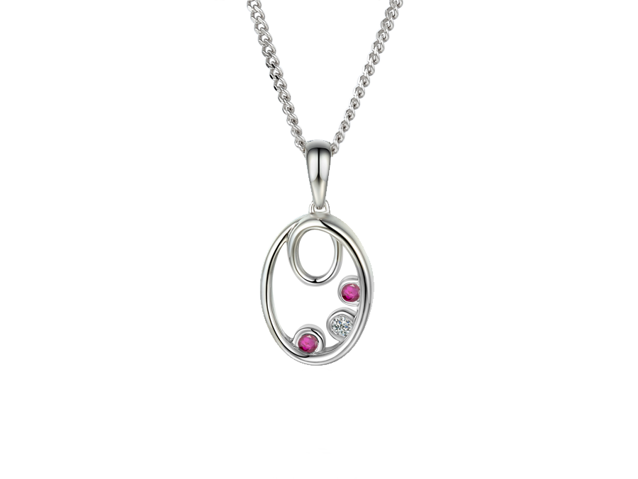 Amore Silver Oval 3 Stone Ruby CZ Necklace 10021SILCZ/R