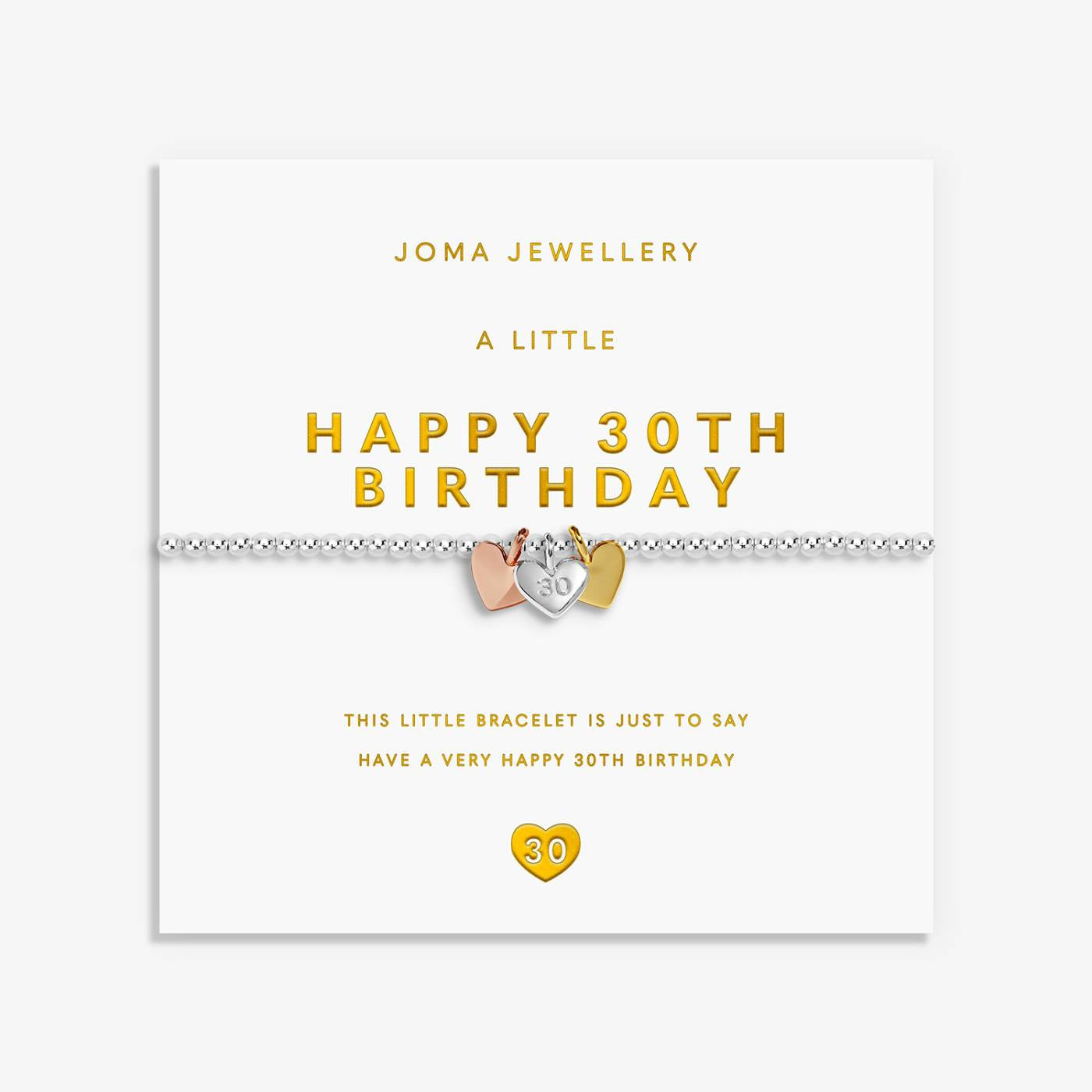 Joma A Little Charmed Moments 'Happy 30th Birthday' Bracelet In Silver, Gold, and Rose Gold Plating 10463