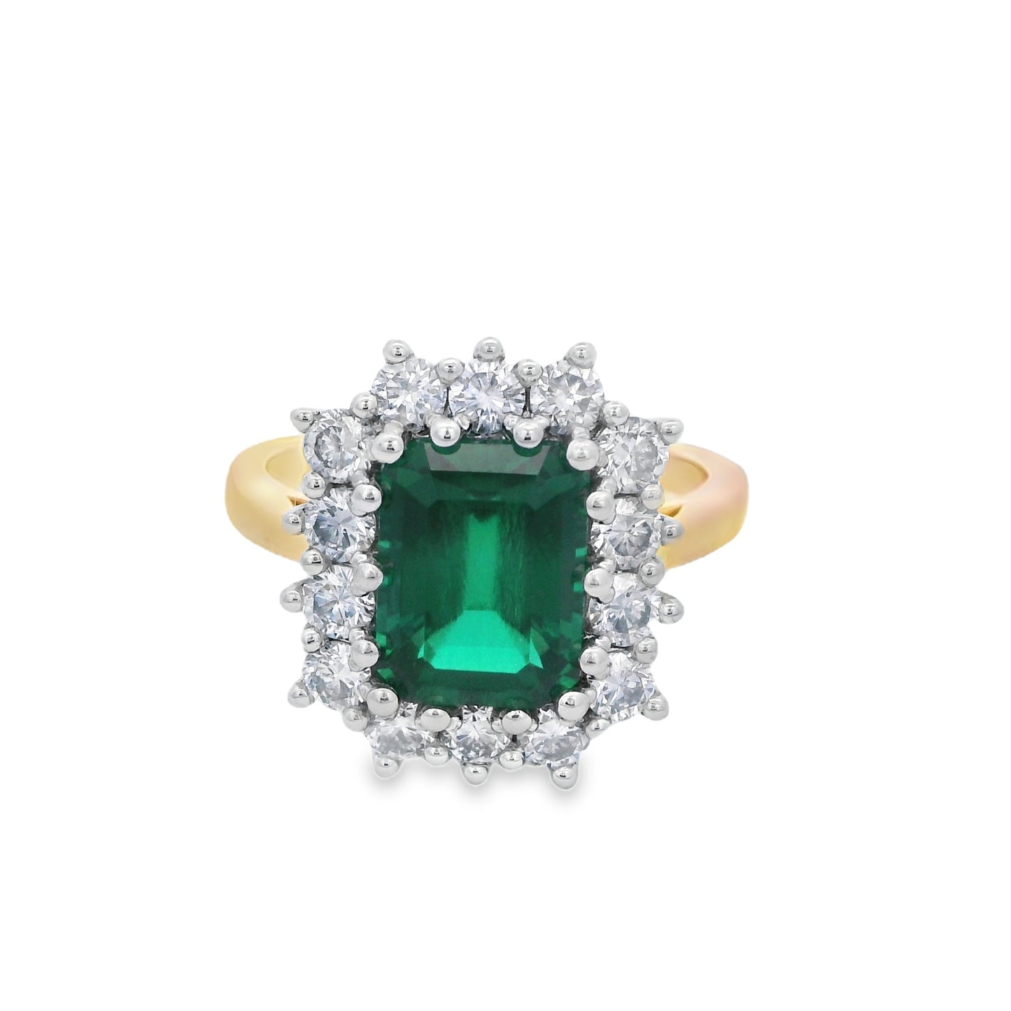 18ct Gold Lab Grown Emerald & Diamond Cluster Ring