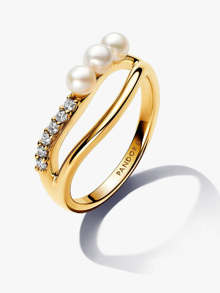 PANDORA Treated Freshwater Cultured Pearl & Organically Shaped Double Band Ring 14k gold plating 163258C01