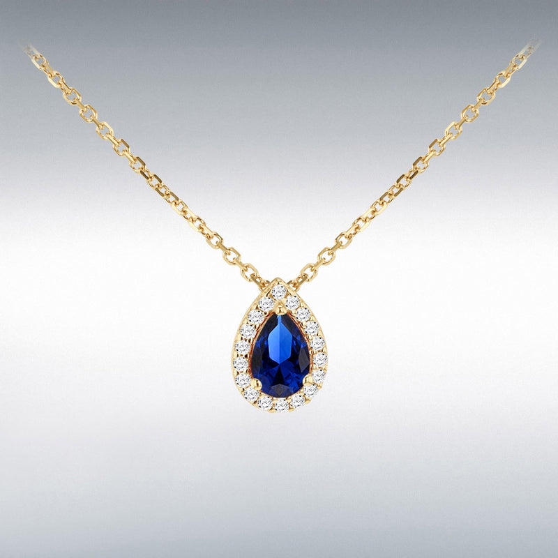 9ct Gold Teardrop Blue Cubic Zirconia Necklace