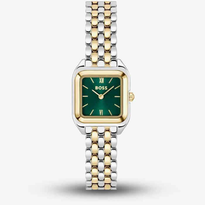 BOSS Ladies Mae Petite Two Tone Rectangle Green Dial Watch 1502822