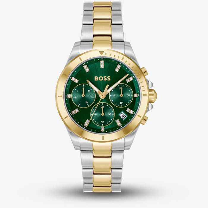 BOSS Ladies Alley Lux Two Tone Crystal Green Dial Quartz Watch 1502827