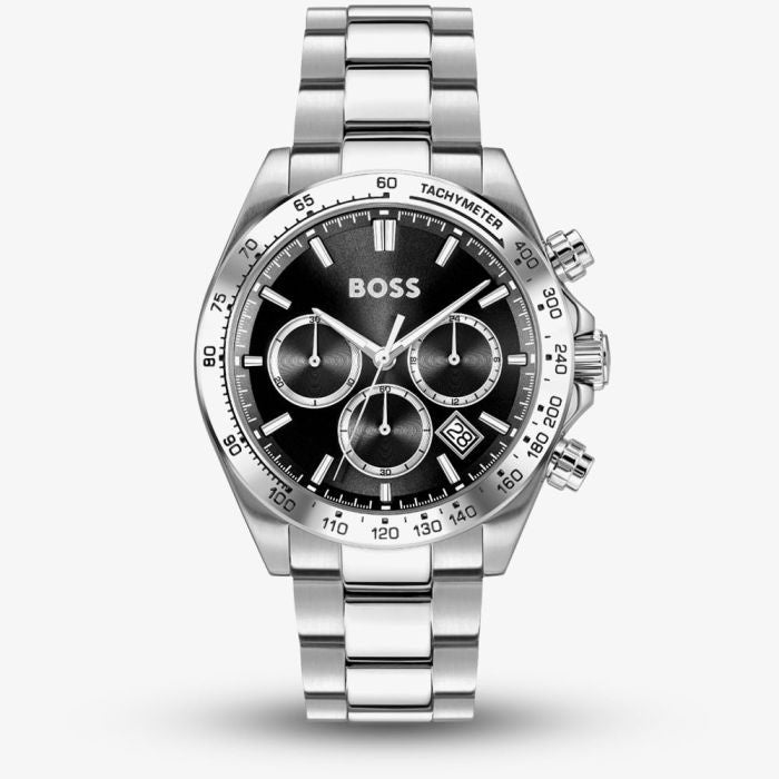 BOSS Mens Hero 2.0 Silver Tone Black Chronograph Watch 1514267