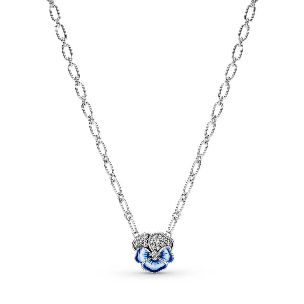 PANDORA Silver Pansy Necklace with Blue enamel 390770C01-50