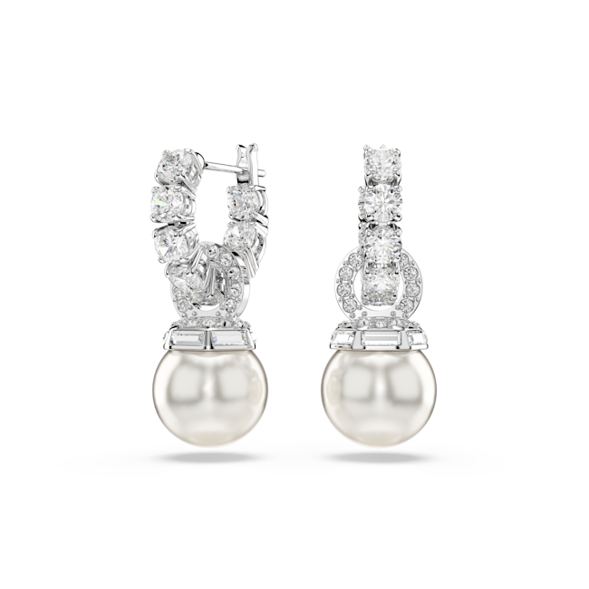 Swarovski Matrix drop earrings, Crystal pearl, Round cut, White, Rhodium plated 5691716