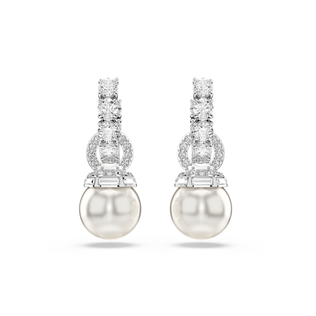 Swarovski Matrix drop earrings, Crystal pearl, Round cut, White, Rhodium plated 5691716