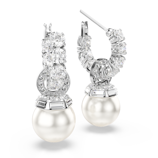 Swarovski Matrix drop earrings, Crystal pearl, Round cut, White, Rhodium plated 5691716