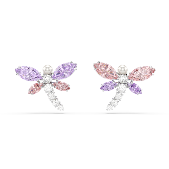 Swarovski Ariana Grande x Swarovski stud earrings, Mixed cuts, Dragonfly, Multicolored, Rhodium plated 5737371