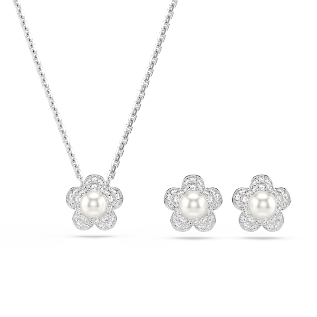 Swarovski Ariana Grande x Swarovski set, Crystal pearl, Round cut, Flower, White, Rhodium plated 5749180