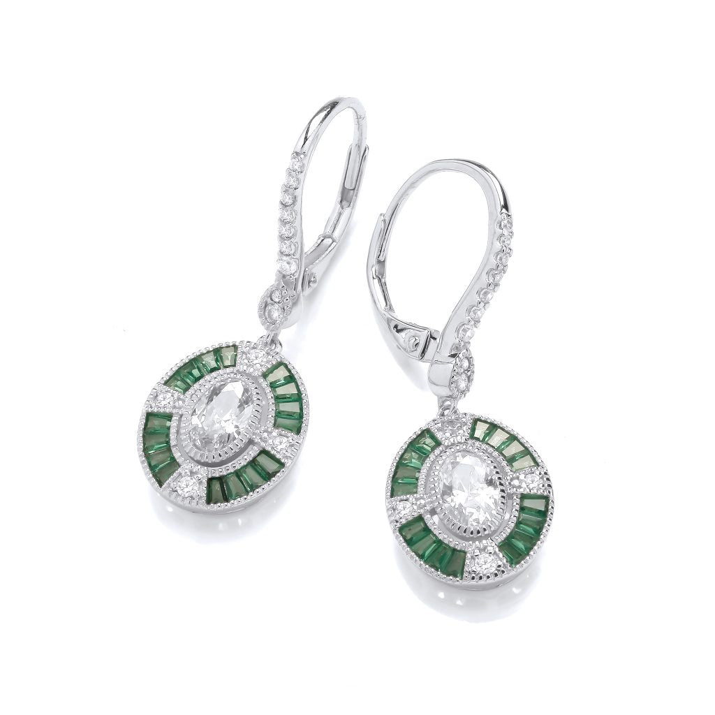 Silver Emerald Green CZ Oval Deco Drop Earrings 5985E
