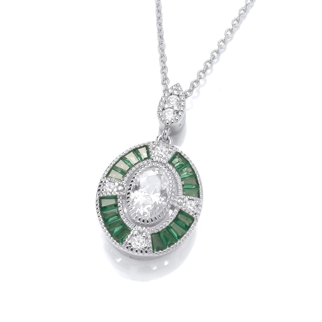 Silver Emerald Green CZ Oval Deco Necklace 6942E