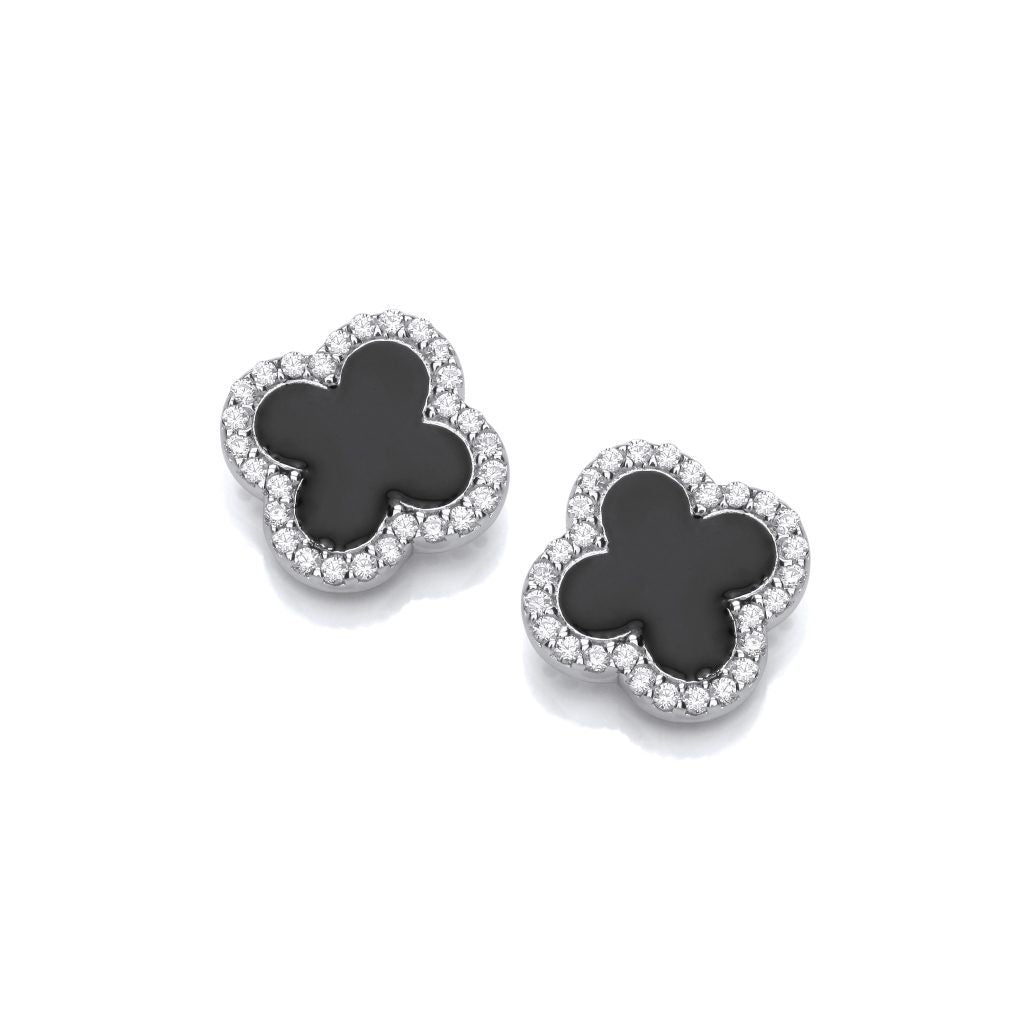 Silver CZ Vintage Clover Earrings with black enamel 50137B