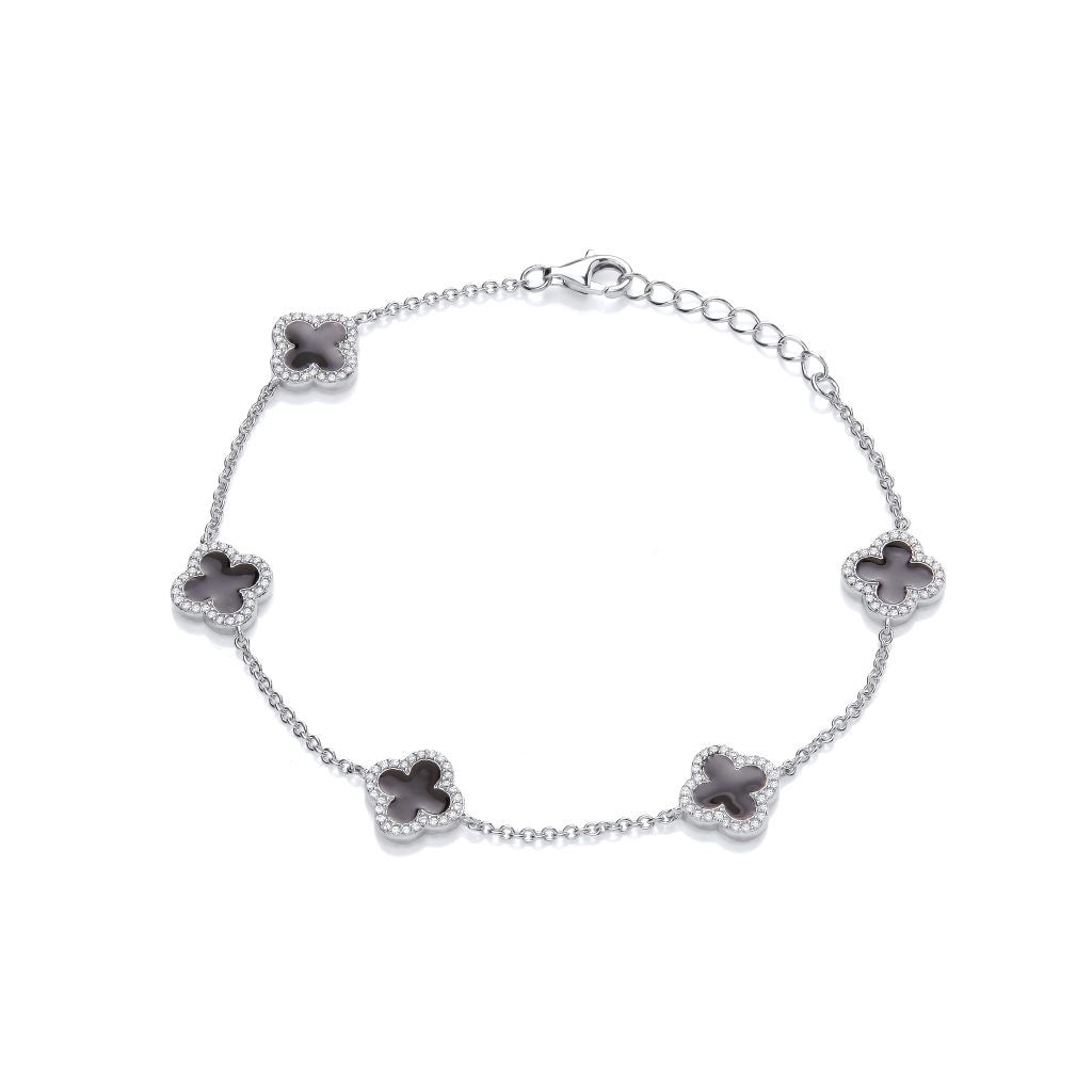 Silver CZ Vintage Clover Bracelet with Black Enamel 2972B