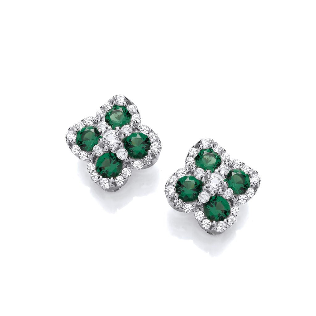 Silver Emerald green CZ Vintage Clover Earrings 50193E