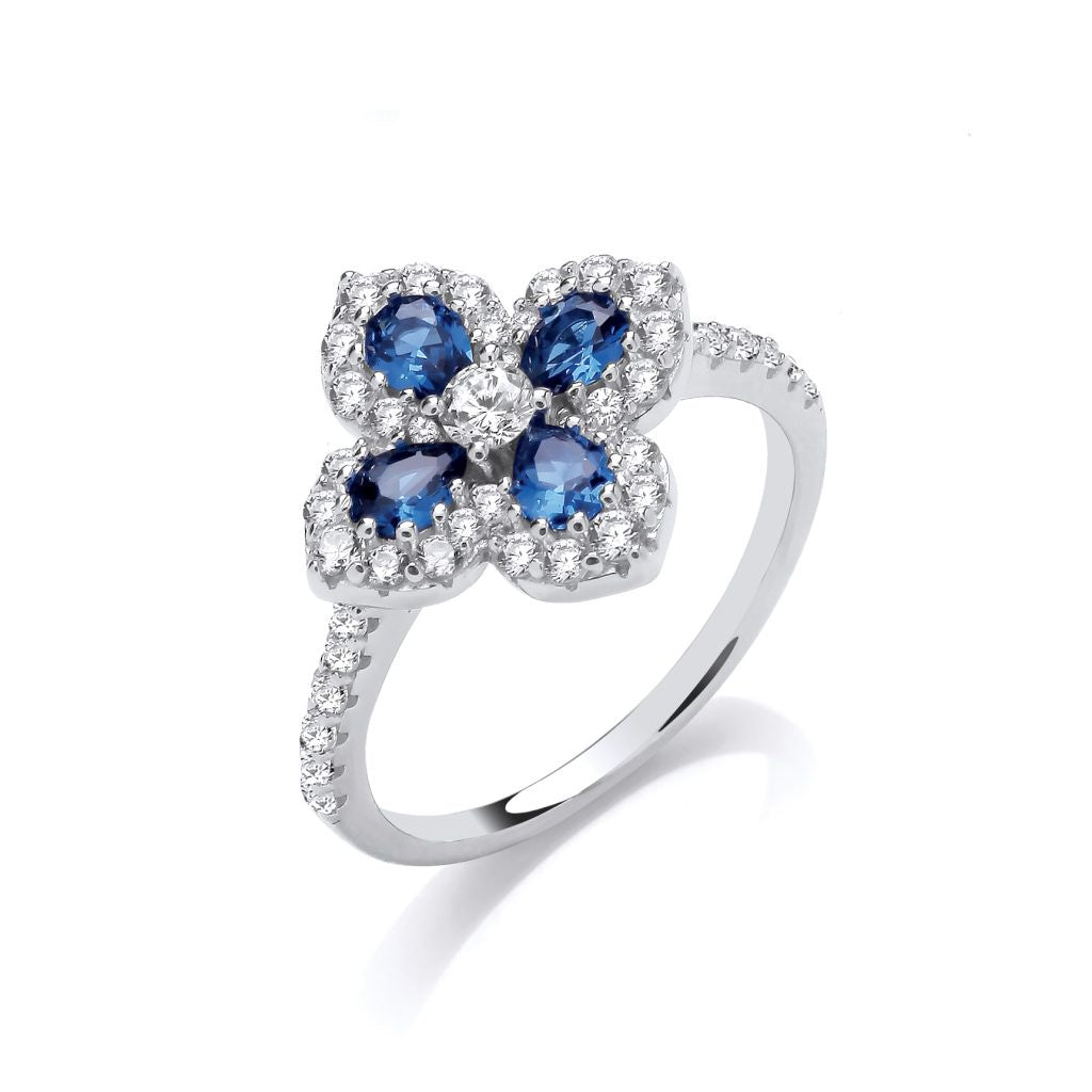 Silver Sapphire Blue CZ Clover Ring 7577B