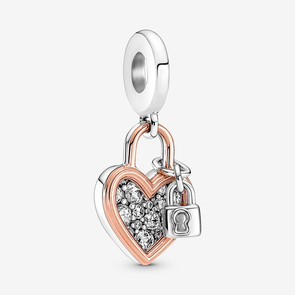 PANDORA Silver Heart Padlock with Rose Dangle Charm 780087C01