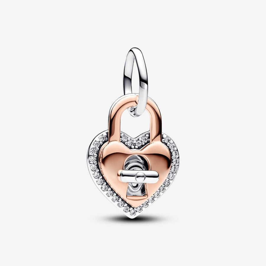 PANDORA Two-tone Twistable Heart Padlock Double Dangle Charm 783079C01