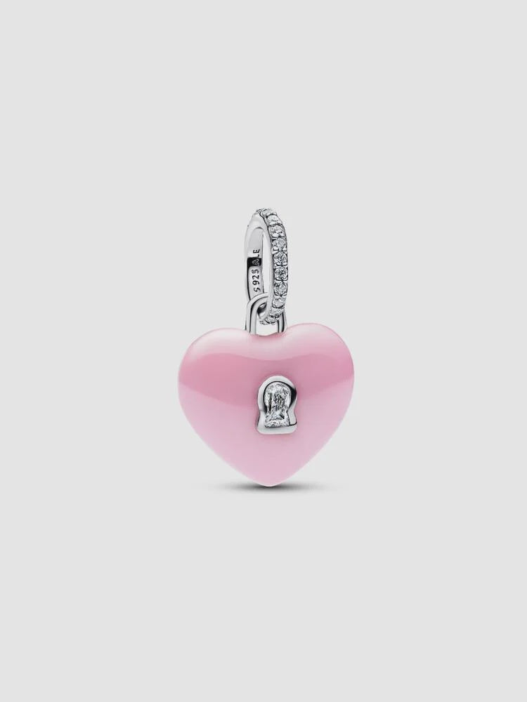 PANDORA Pink Ceramic Heart Padlock Dangle Charm Sterling silver 794424C01