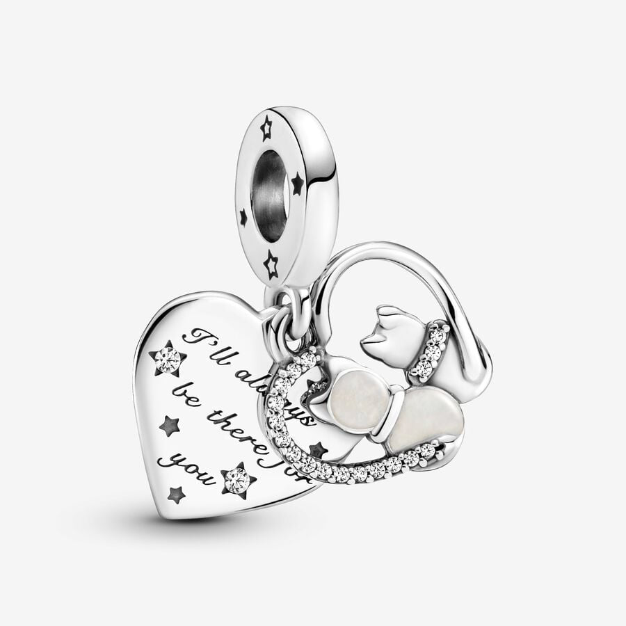 PANDORA Cats and Heart Silver Dangle CZ Shimmering Enamel Charm 799546C01