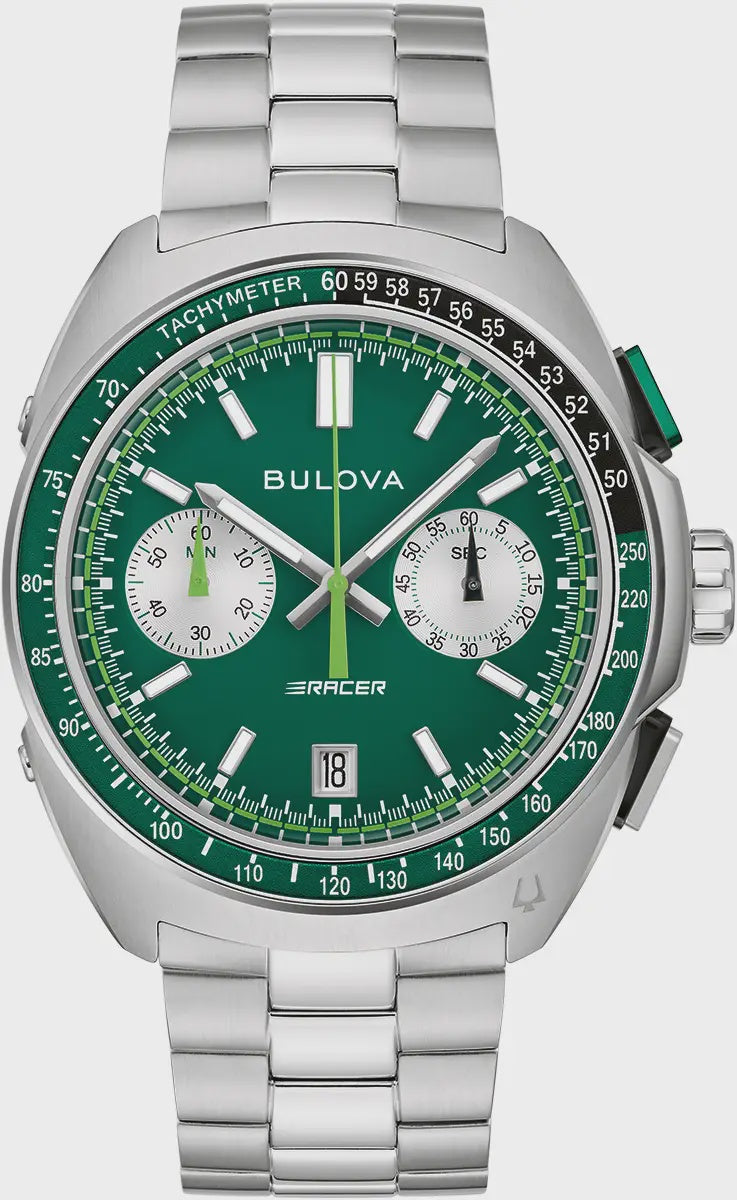 BULOVA Gents Racer Chronograph Silver Tone Green Watch 98B468