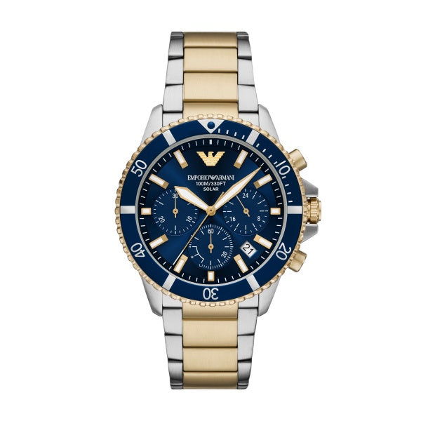 Emporio Armani Two Tone Blue Dial Chronograph Watch AR11740