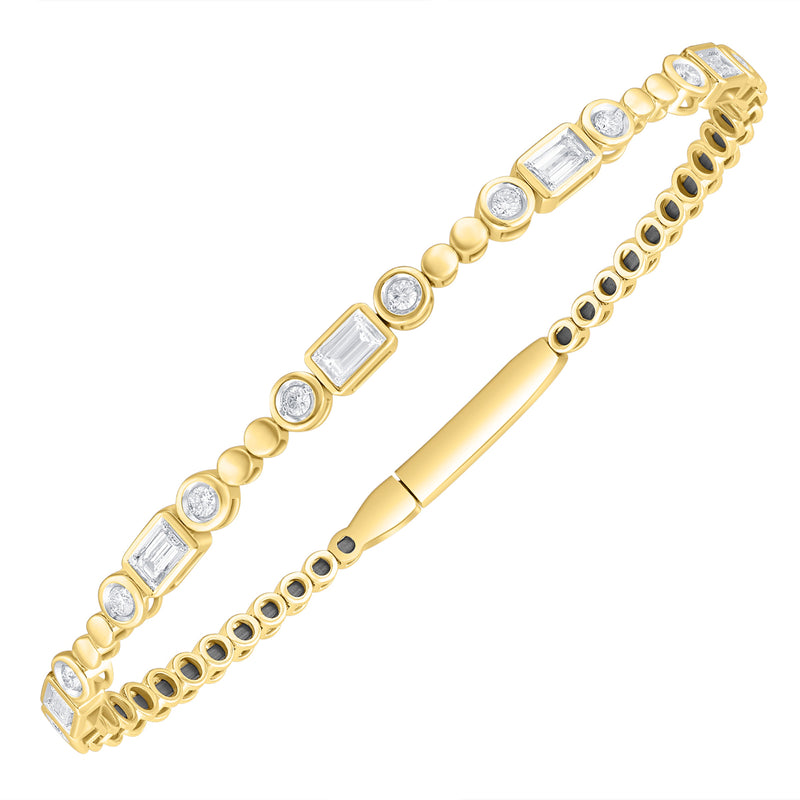 14ct Gold Rubover Set Diamond Flexi Bangle Mixed Cut