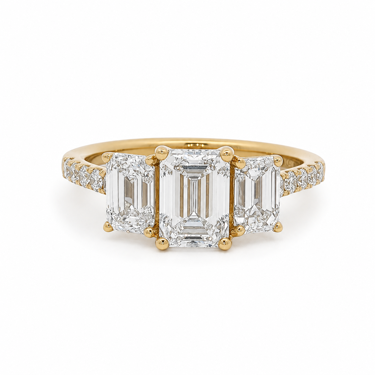 18ct Yellow Gold Lab Grown Diamond Trilogy Ring - Diamond Shoulders 2.17ct