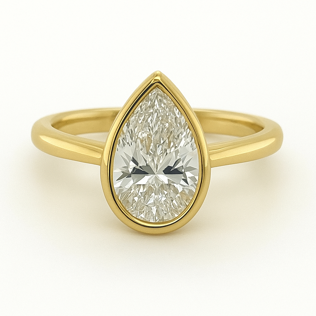 18ct Gold Rubover Set Pear Cut Lab Grown Diamond Solitaire Ring 1.50ct D VVS2