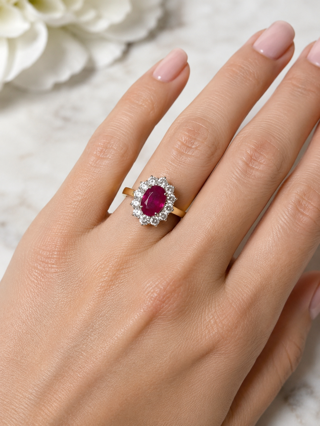 18ct Gold & Platinum Ruby & Diamond Cluster Ring 1.55ct