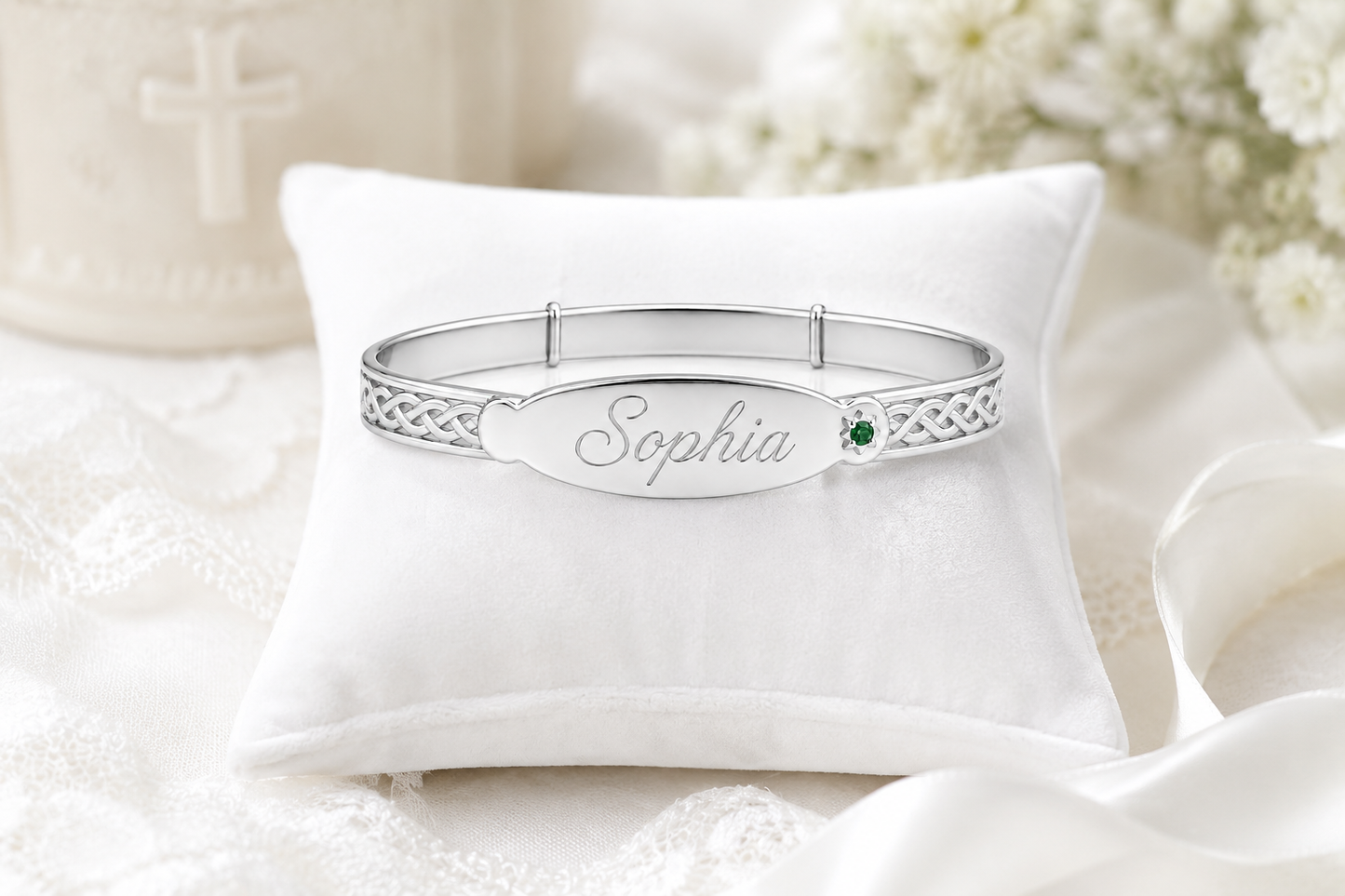 Personalised Sterling Silver Patterned Baby Bangle with Birthstone