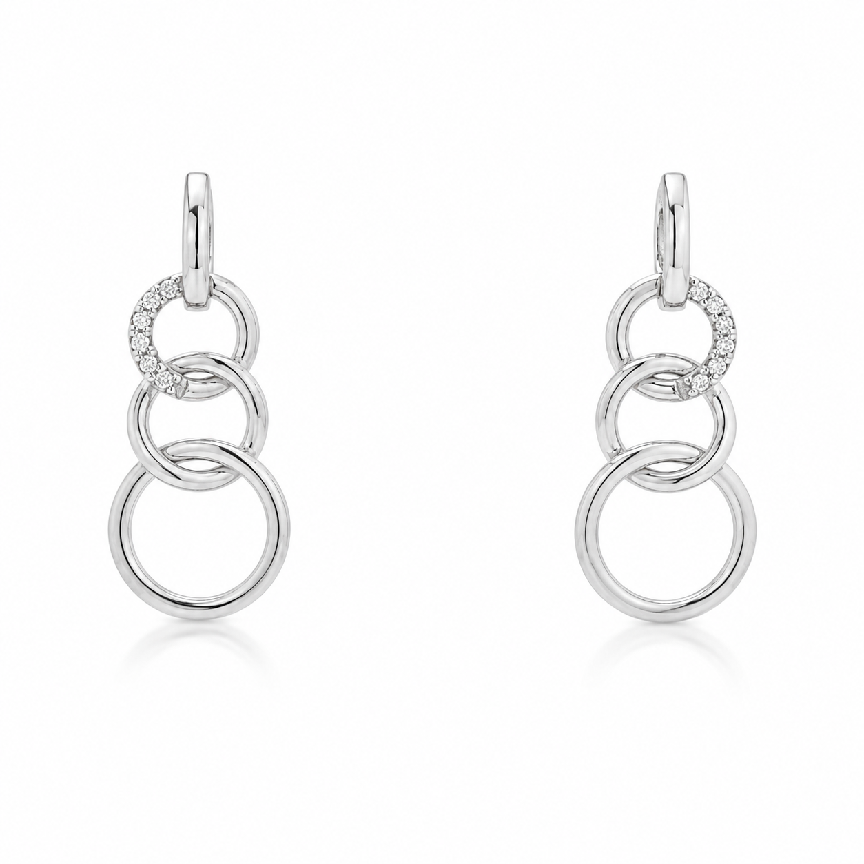 9ct White Gold Diamond Earrings - Three Circle Drop Design