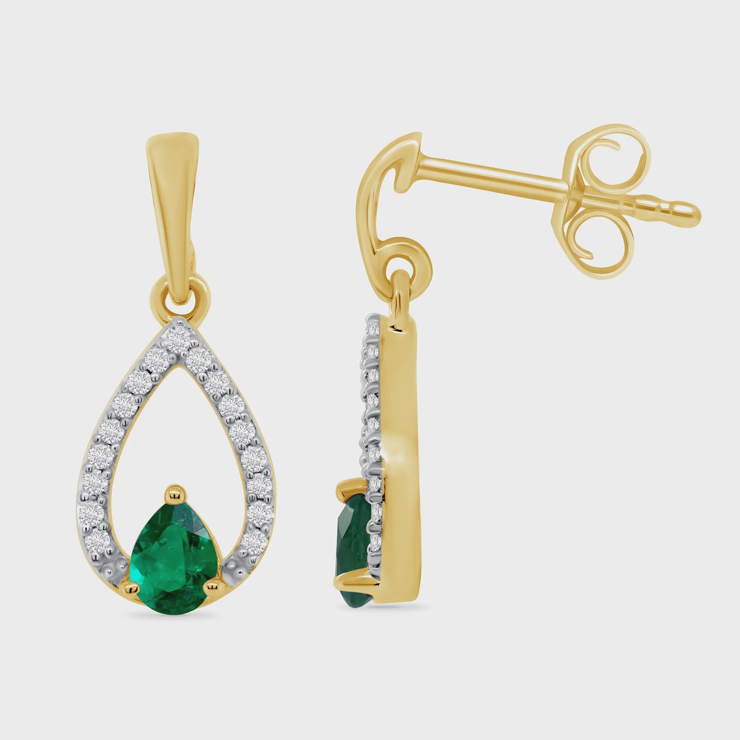 9ct gold pear shape emerald & diamond drop earrings 0.10ct DEE1039