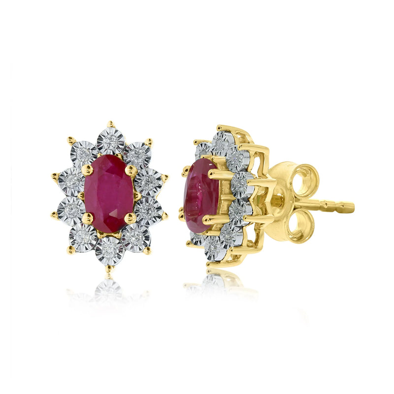 9ct Gold Ruby & Diamond Cluster Stud Earrings