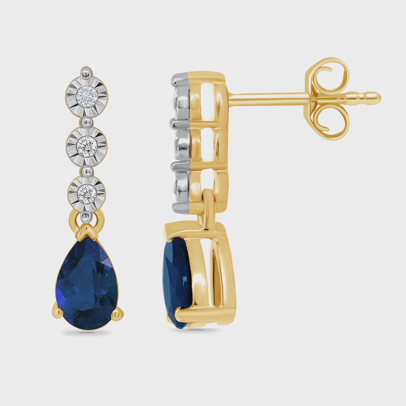 9ct gold 5x4mm pear shape sapphire & miracle plate diamond drop earrings 0.02ct DSE1041