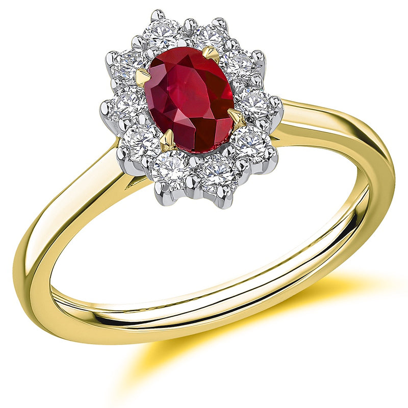 18ct Two Tone Gold Ruby & Diamond Oval Cluster Ring