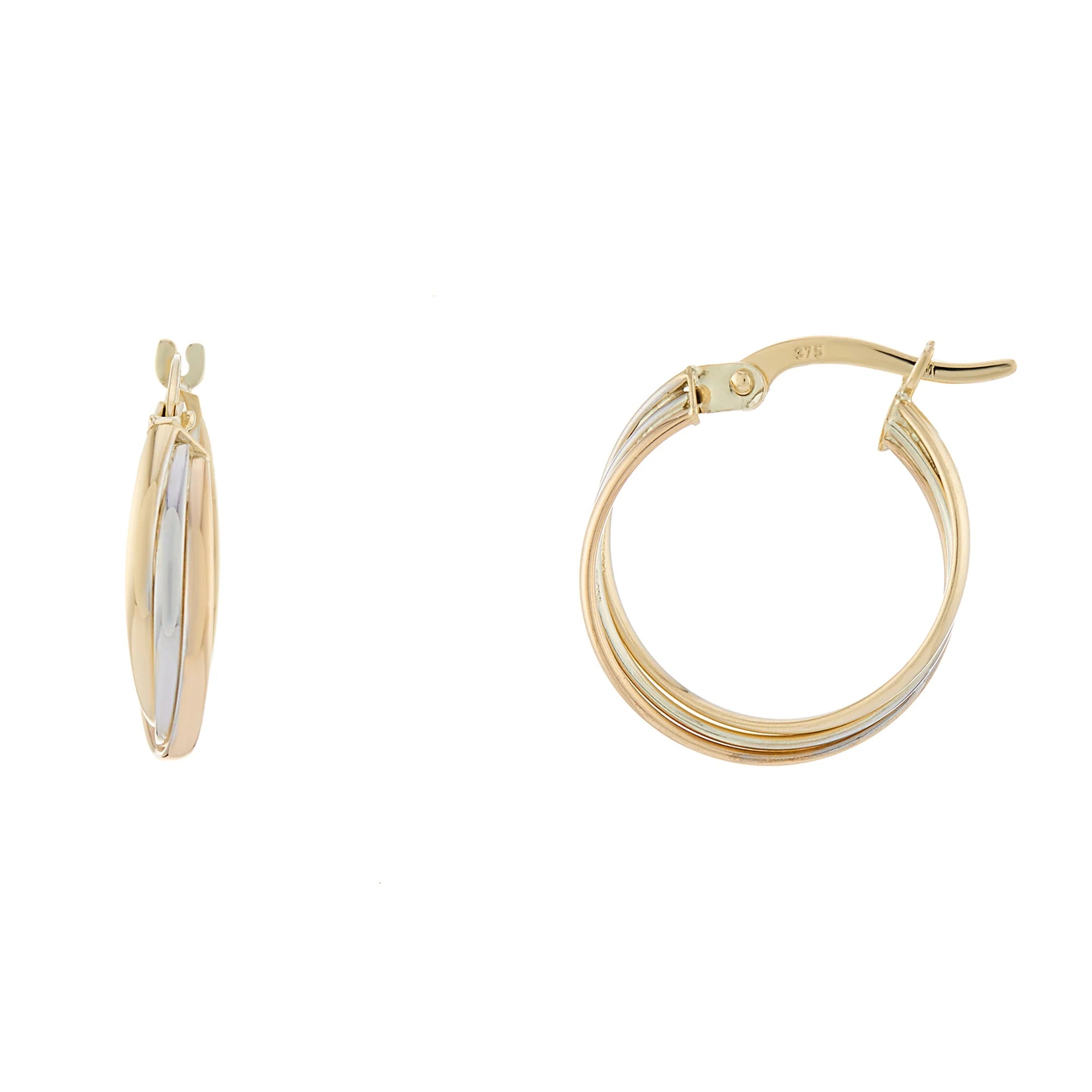 9ct Gold Tri Colour 15mm Hoop Earrings