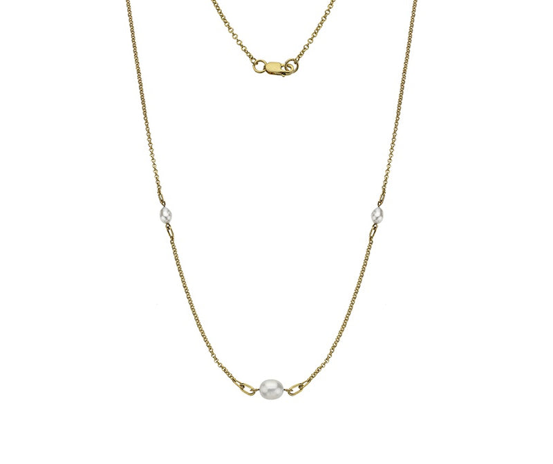 9ct Yellow Gold Twist Pearl Station Necklace 18''