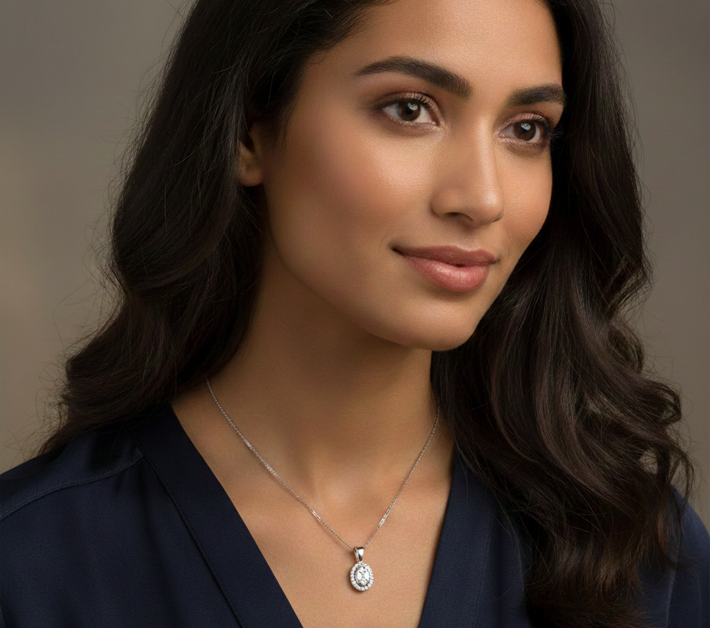 18ct White Gold Oval Shaped Diamond Cluster Pendant