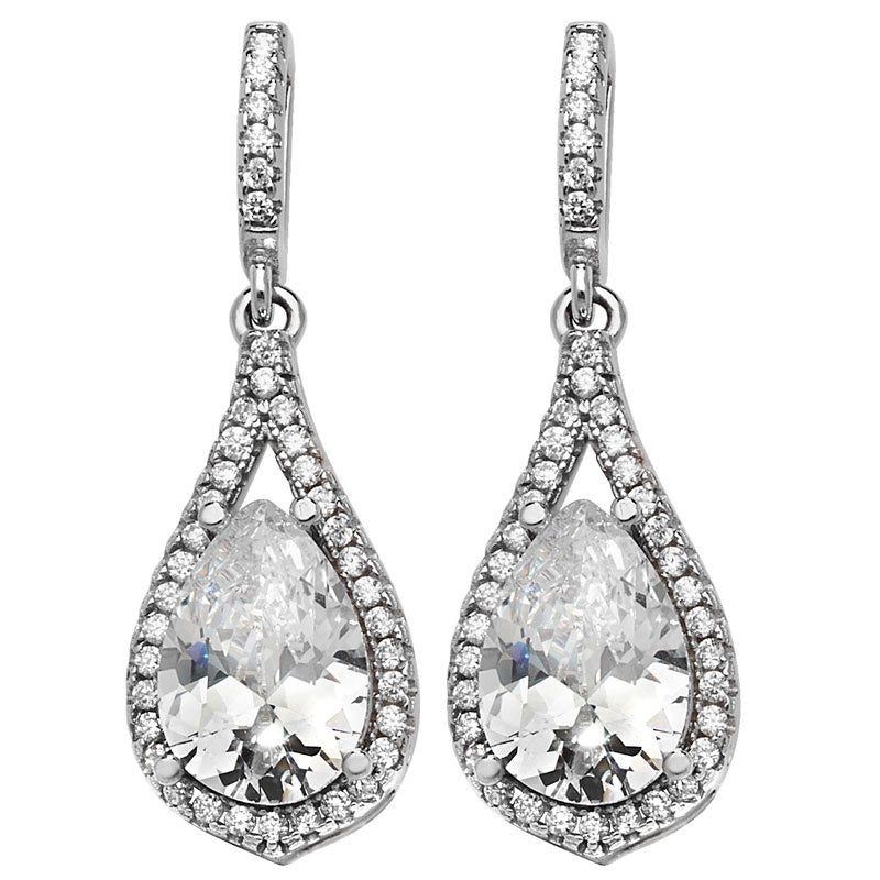 Silver CZ Pear shaped Halo set Drop Earrings