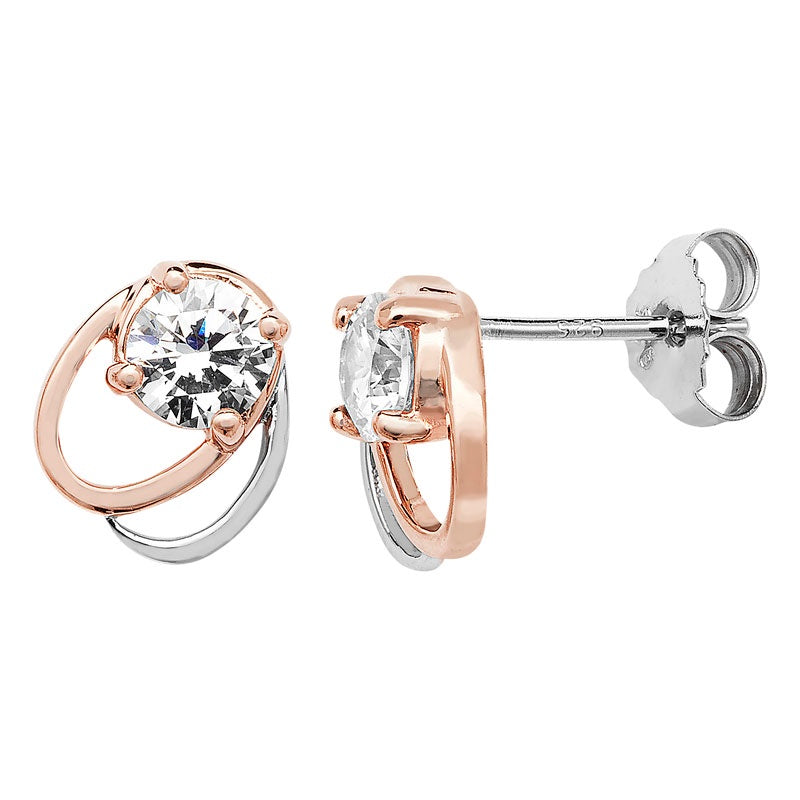 Silver & Rose Oval Link CZ Earrings