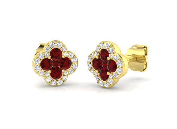 18ct Gold Ruby & Diamond Clover Design Earrings