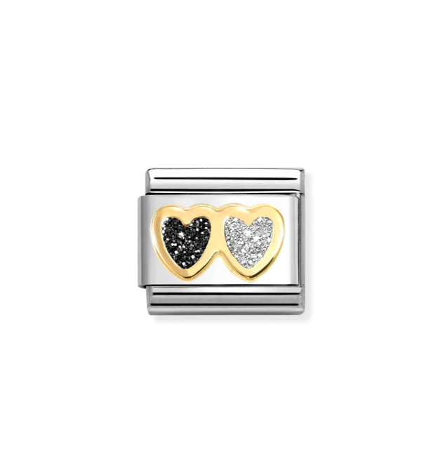 NOMINATION 18k Gold Black & Silver Glitter Double Heart Charm 030220/15