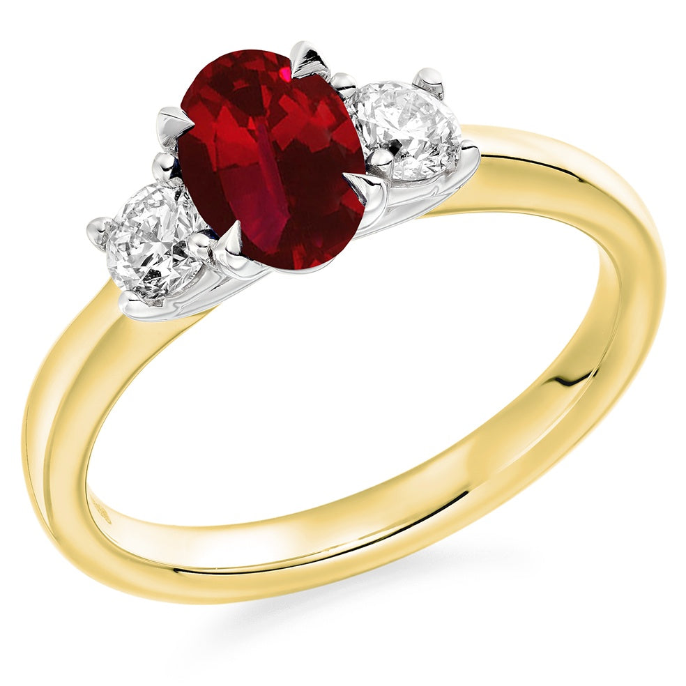 18ct Gold & Platinum Oval Ruby & Diamond Trilogy Ring